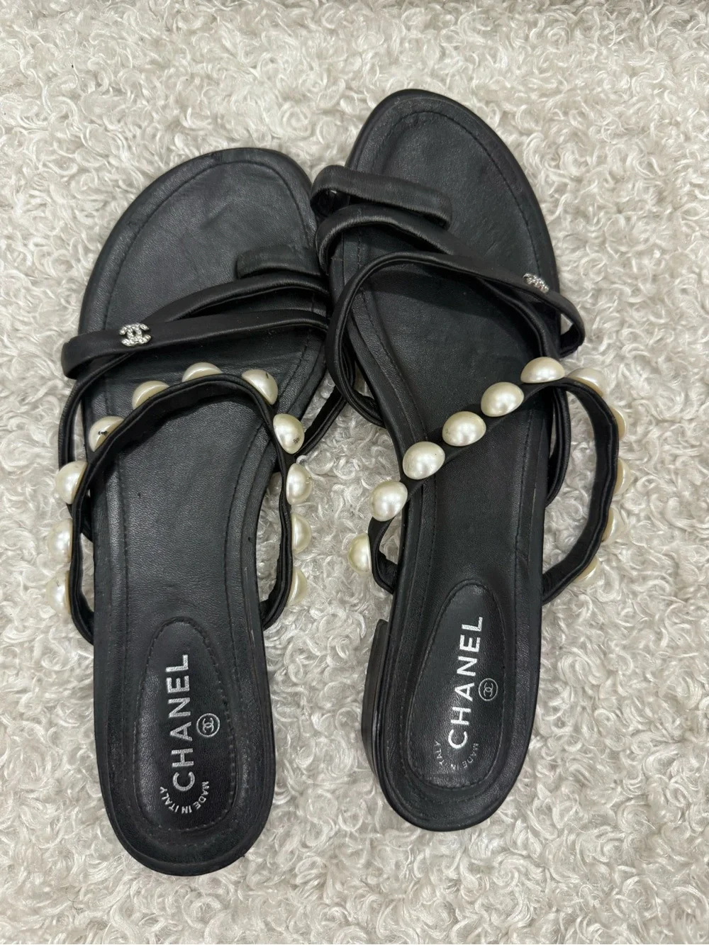 CHANEL Black Pearl Sandals Size 39C